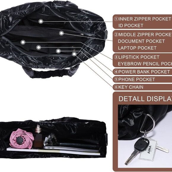 Large Puffer Tote Bag Handbags for Women Shoulder Bags Lightweight Winter Down C - Picture 5 of 7